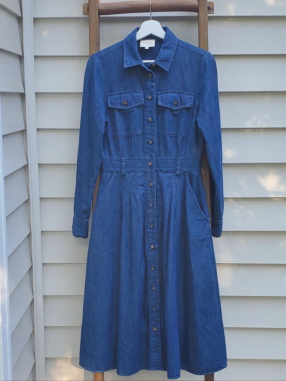 Sezane Medium Wash Denim Long-Sleeve Button-Down Midi Dress Size 4 - Picture 3 of 9
